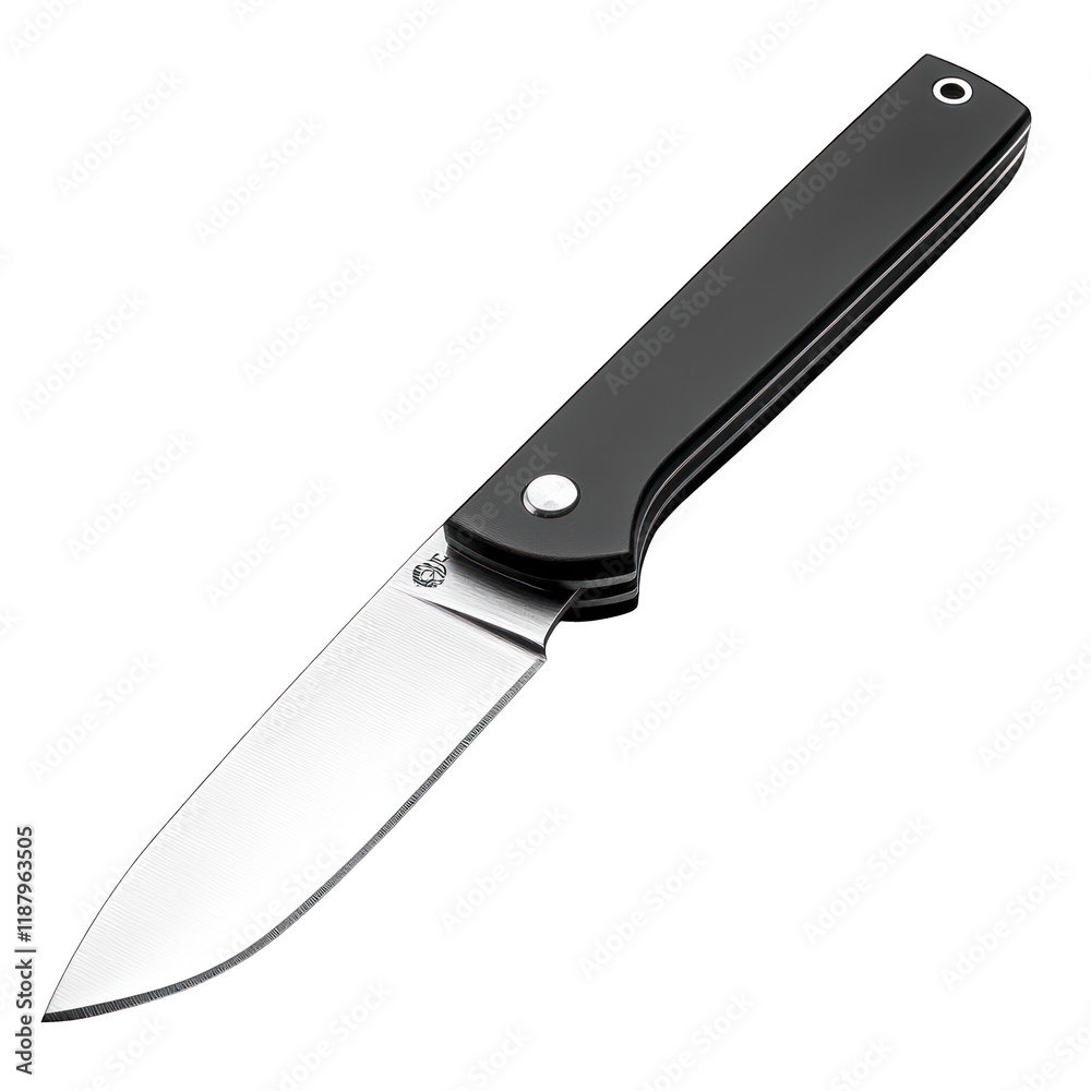 A sleek folding knife with a black handle and stainless steel blade. A sleek folding knife with a black handle and stainless steel blade.
