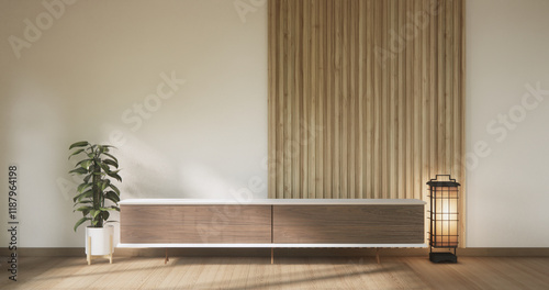 Modern Cabinet wood design on white wall room scene.