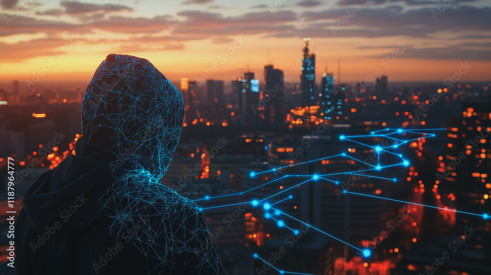 Fototapeta premium Hacker are planning to hack and attack networks and cyber security systems. Smart digital city with connection cyber security network reciprocity over the cityscape .