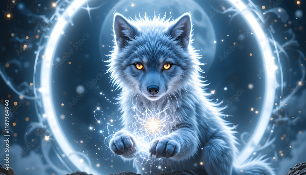 Obraz premium Magical white wolf pup with glowing orb.