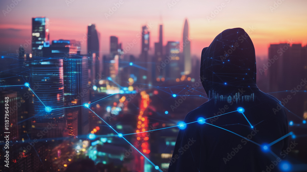 Hacker are planning to hack and attack networks and cyber security systems. Smart digital city with connection cyber security network reciprocity over the cityscape . Hacker are planning to hack and attack networks and cyber security systems. Smart digital city with connection cyber security network reciprocity over the cityscape .