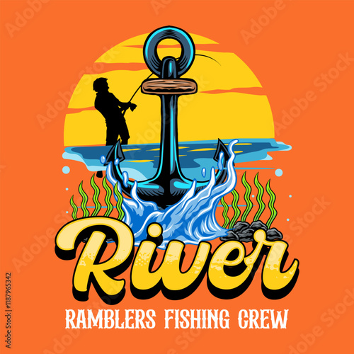 Fisherman catch fish in river Colorful Vector Cartoon Illustration for sticker badge emblem t-shirt banner invitation