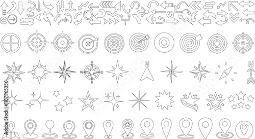 outline icon of arrow, target, compass symbol, star, direction pointer, location icon, navigation designs vector in hand drawn style