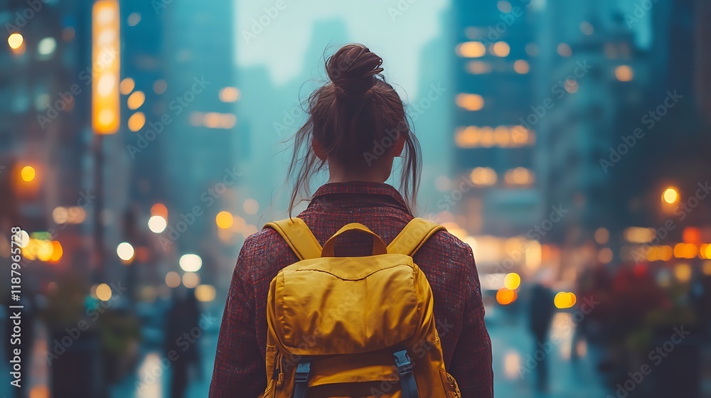 Obraz premium Exploring city landscapes a woman with a backpack in urban rain