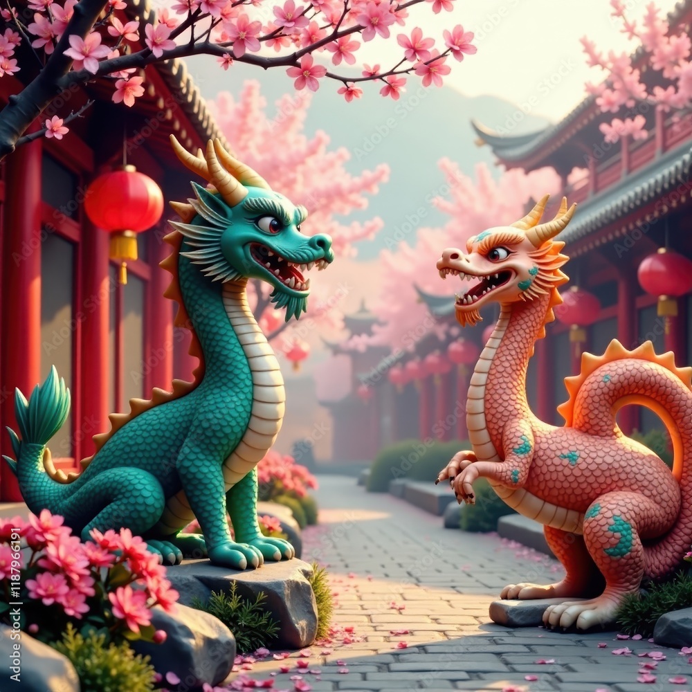 Fototapeta premium Ancient dragon and phoenix statues surrounded by cherry blossoms and red lanterns , lanterns, dragon