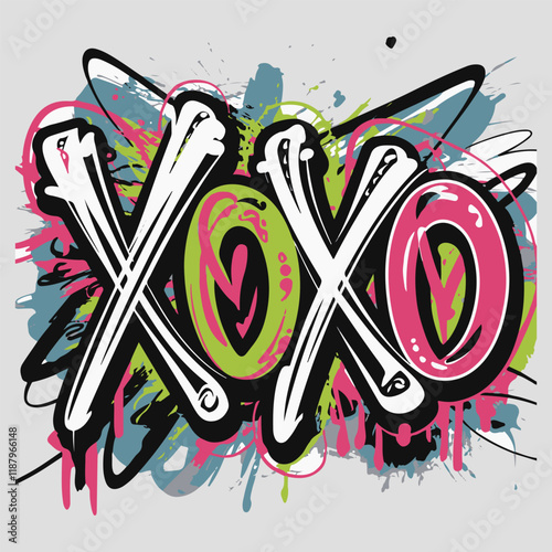 Vibrant color Graffiti XOXO Hugs and kisses Lettering  text vector design for print and trendy tee t shirt and clipart Happy Valentine's Day background 
