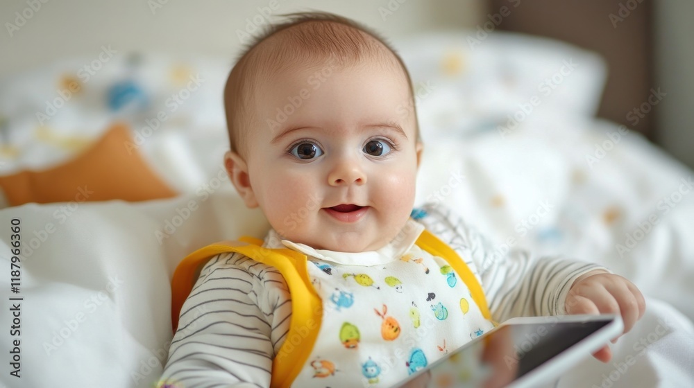 A baby is sitting on a bed and holding a tablet