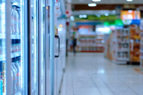 Supermarket refrigerated aisle, dairy products, shopper, grocery store photo