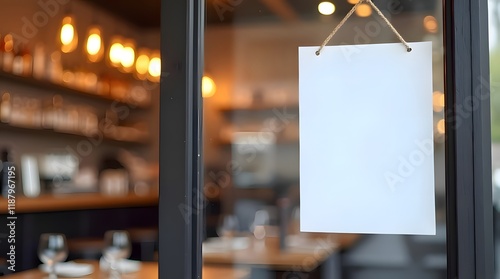 Blank Sign Hanging on Restaurant Door,  Modern Cafe Interior Blurred Background