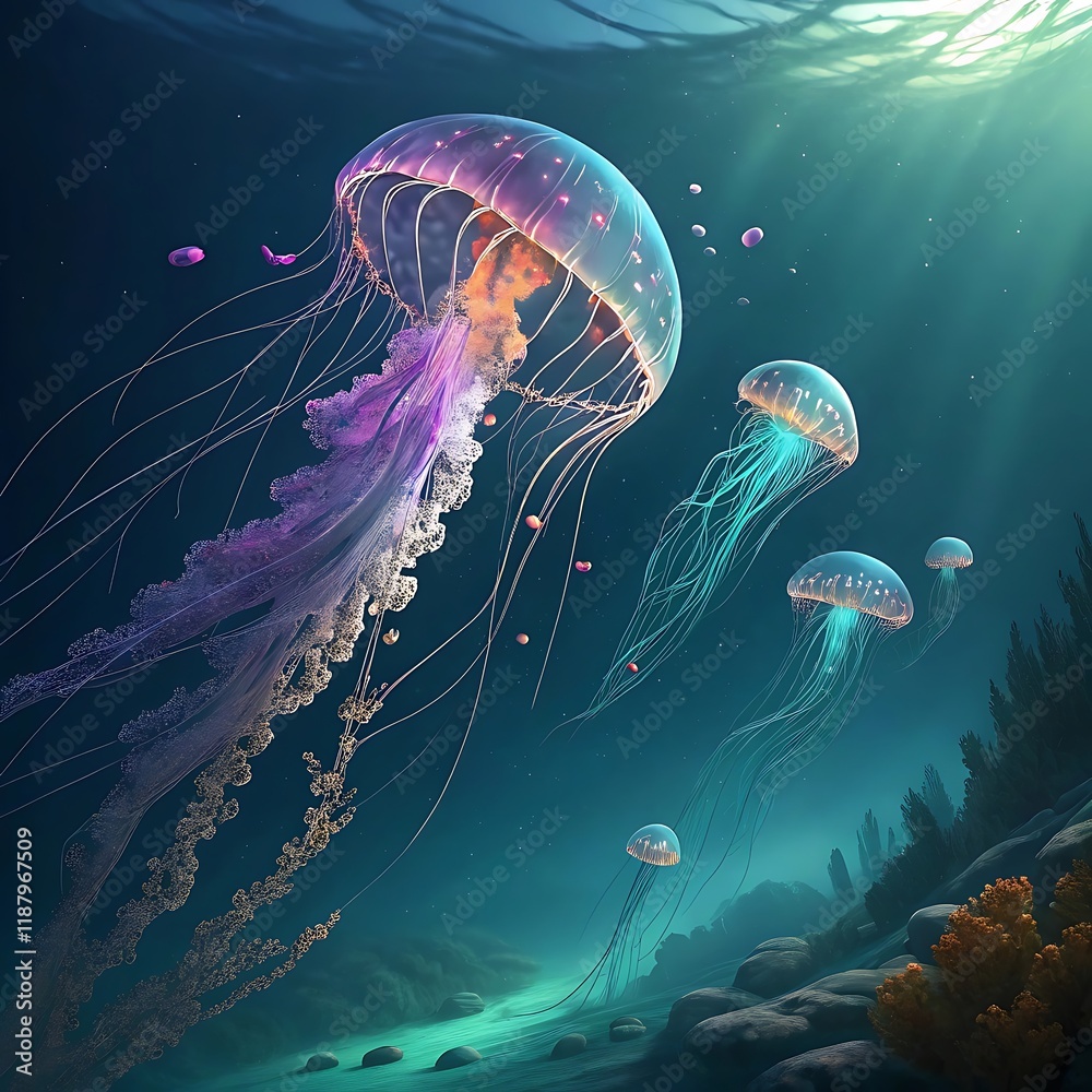 A group of translucent jellyfish floating in a deep ocean, their tentacles glowing faintly in shades of purple, teal, and orange. Each jellyfish’s body is completely see-through, capturing light like A group of translucent jellyfish floating in a deep ocean, their tentacles glowing faintly in shades of purple, teal, and orange. Each jellyfish’s body is completely see-through, capturing light like
