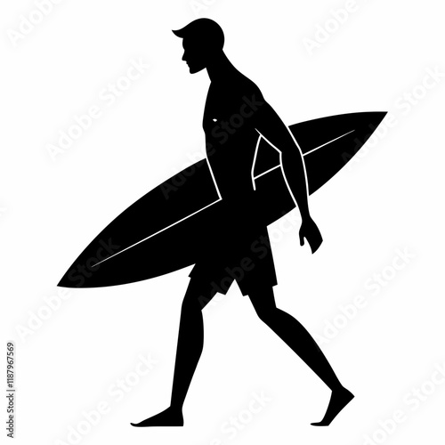 Silhouette of a surfer carrying a surfboard.