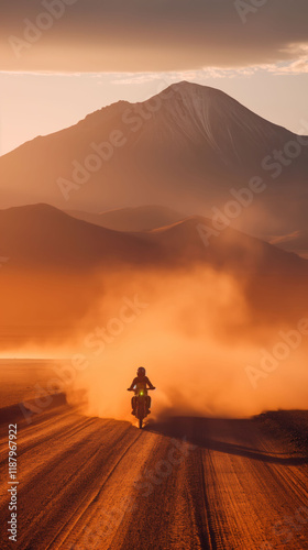 Lone biker races through a dusty desert path surrounded by mountains under evening light photo