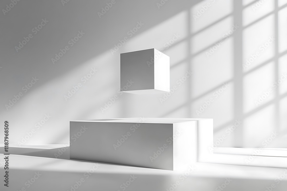 A floating white cube in a vast empty white space, casting soft shadows on the surface below A floating white cube in a vast empty white space, casting soft shadows on the surface below