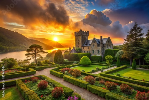 Silhouette of Glenveagh Castle at Sunset, Donegal, Ireland photo