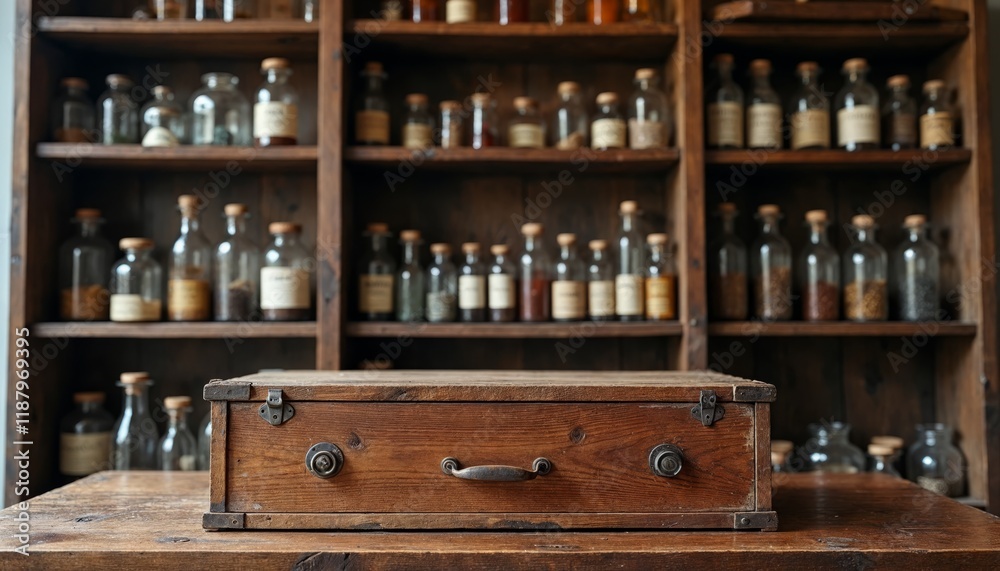 Antique apothecary cabinet with glass bottles and wooden drawer. Vintage pharmacy concept. Antique apothecary cabinet with glass bottles and wooden drawer. Vintage pharmacy concept.