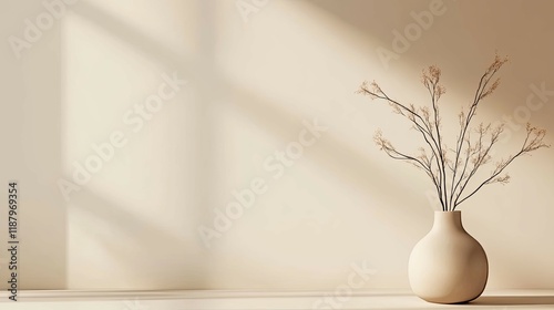 Serene Minimalist Still Life: Beige Vase with Dried Branches