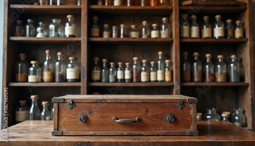 Antique apothecary cabinet with glass bottles and wooden drawer. Vintage pharmacy concept.