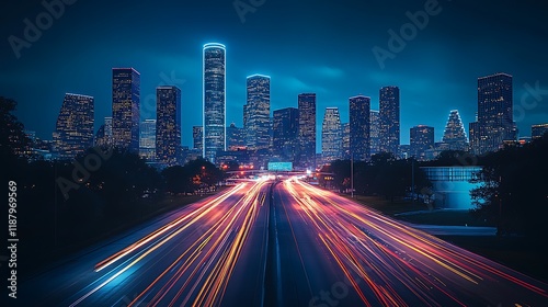 Dynamic nighttime cityscape houston urban photography neon lights aerial view photo