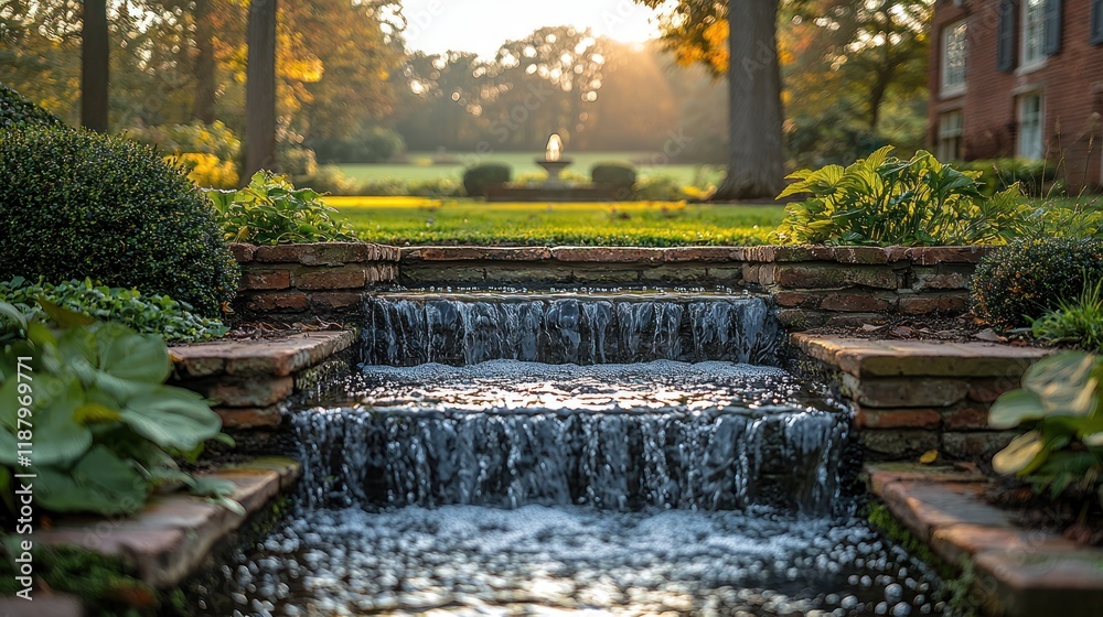 Obraz premium Serene garden waterfall at sunrise.