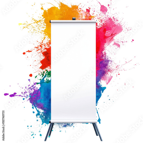 A blank white roll-up banner stands amidst a vibrant explosion of colorful paint splatters, ideal for showcasing marketing or advertising designs. photo