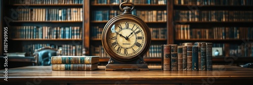 A vintage clock surrounded by books on the right, blending into a warm, nostalgic library background