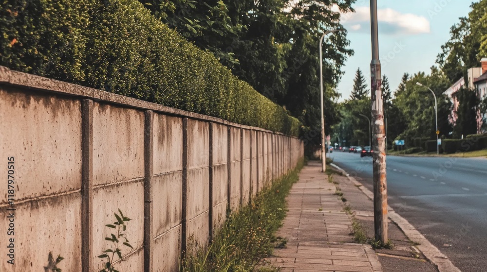 Concrete Wall Hedge Sidewalk Street Urban Background Copy Space Concrete Wall Hedge Sidewalk Street Urban Background Copy Space
