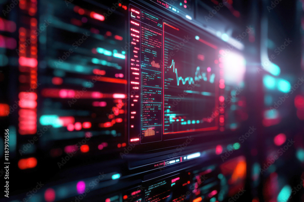Abstract digital interface with colorful data visualizations. Abstract digital interface with colorful data visualizations.