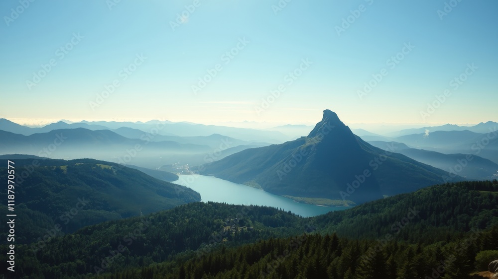 A Tranquil Mountain Lake Nestled in the Heart of a Verdant Forest, with a Majestic Peak Rising in the Distance A Tranquil Mountain Lake Nestled in the Heart of a Verdant Forest, with a Majestic Peak Rising in the Distance
