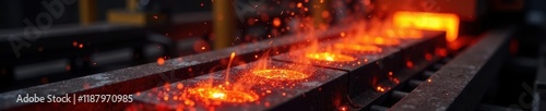 Glowing red-hot steel billets moving on conveyor belt, heavy industry, heat