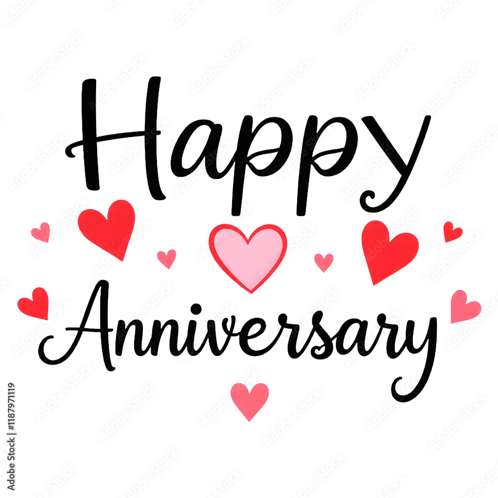 Stylized 'Happy Anniversary' lettering in black with red and pink heart shapes. png isolated background. transparent background. Stylized 'Happy Anniversary' lettering in black with red and pink heart shapes. png isolated background. transparent background.