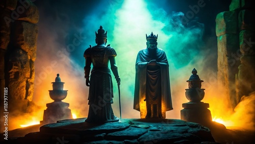 Silhouette of Two Majestic Figures, Gondor Kings, Before Imposing Stone Statues, Studio Shot photo