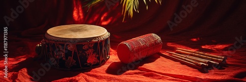 Colorful hand-crafted drums on a vibrant red fabric background with bamboo sticks, tropical plant leaves adding a lively touch, perfect for music and cultural themes photo