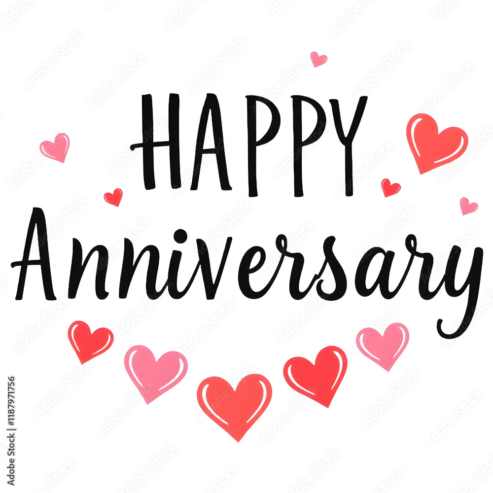 Stylized 'Happy Anniversary' lettering in black with red and pink heart shapes. png isolated background. transparent background. Stylized 'Happy Anniversary' lettering in black with red and pink heart shapes. png isolated background. transparent background.