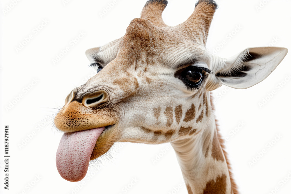Obraz premium Funny Giraffe Sticking Out Tongue isolated on white background.