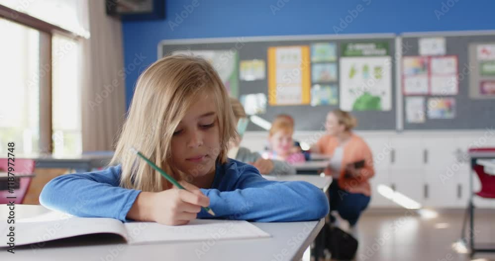 In school, boy holding pencil and resting head on desk in classroom In school, boy holding pencil and resting head on desk in classroom