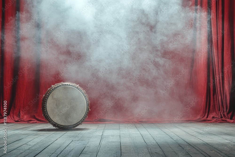 Dramatic Scene of a Single Drum with Smoke on Stage Surrounded by Red Curtains Creating a Captivating Atmosphere for Performances and Events