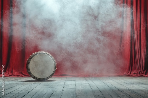 Obraz na płótnie Dramatic Scene of a Single Drum with Smoke on Stage Surrounded by Red Curtains Creating a Captivating Atmosphere for Performances and Events w salonie