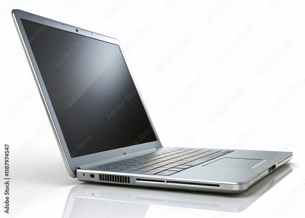 Sleek Silver Laptop, Side View, Isolated on White Background - Perfect for Tech & Business Stock Photos Sleek Silver Laptop, Side View, Isolated on White Background - Perfect for Tech & Business Stock Photos