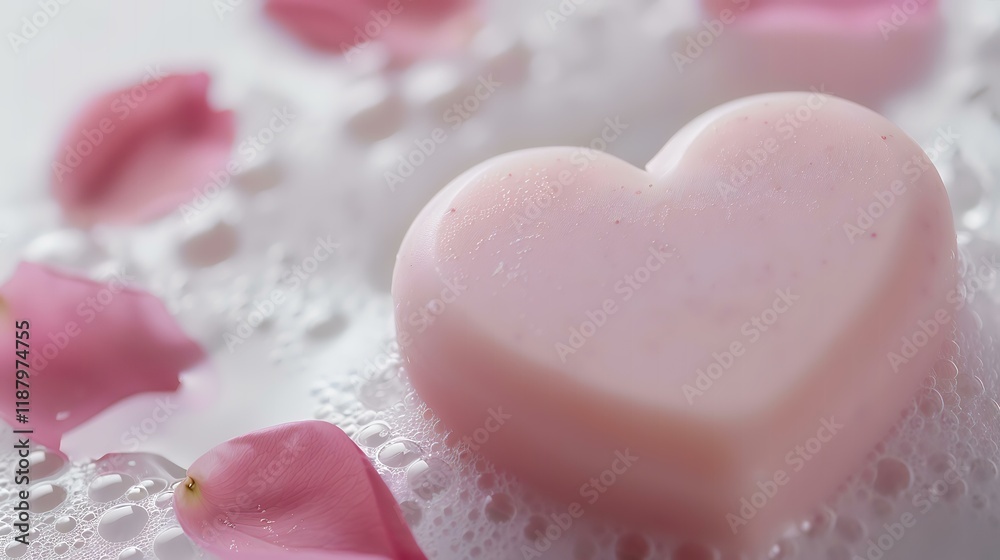 Fototapeta premium Heart-shaped soap, rose petals, foam, bathroom, spa relaxation