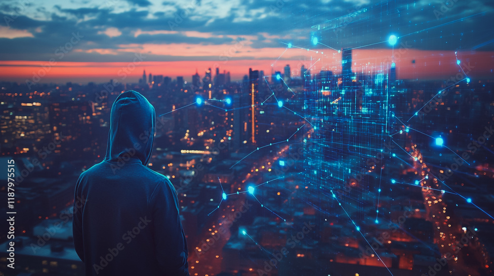 Fototapeta premium Hacker are planning to hack and attack networks and cyber security systems. Smart digital city with connection cyber security network reciprocity over the cityscape .