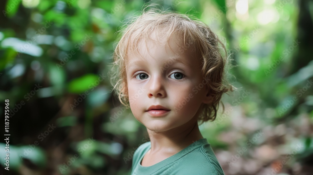 Blonde caucasian child in green shirt exploring lush forest environment Blonde caucasian child in green shirt exploring lush forest environment