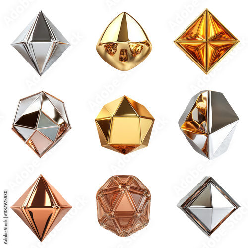 Collection of Geometric Shapes in Various Metallic Finishes on Transparent Background