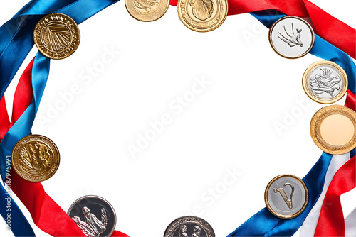 Sports victory frame with medals, ribbons, and a cheering crowd motif. Isolated on transparent or white background cut out photo