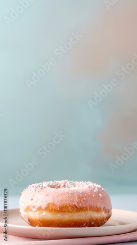 Pink donut with sprinkles on pastel plate, light blue background, studio shot, food blogging photo