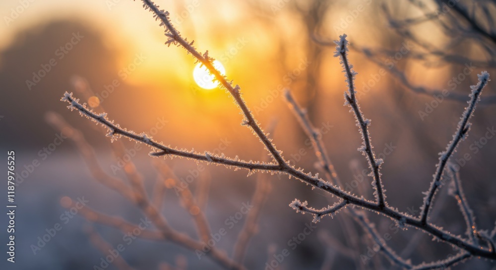 Winter sunrise frosted tree branches delicate ice crystals golden sunlight bokeh background Winter sunrise frosted tree branches delicate ice crystals golden sunlight bokeh background