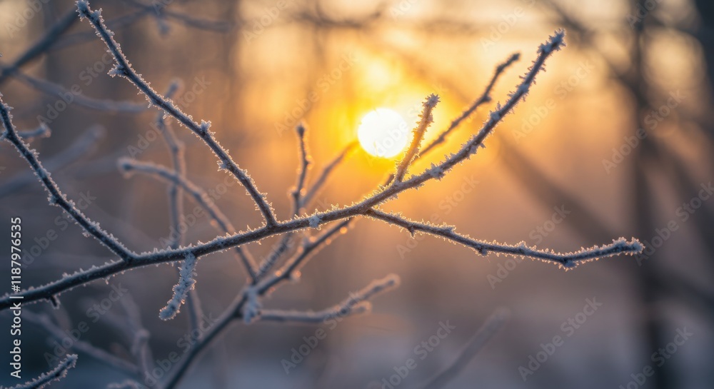 Winter sunrise, frosted tree branches delicate ice crystals golden sunlight bokeh background Winter sunrise, frosted tree branches delicate ice crystals golden sunlight bokeh background