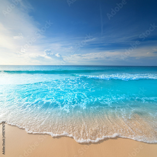 美しい青い海と砂浜と青空。水平線。（Beautiful blue sea, sandy beach and blue sky. Horizon.）
