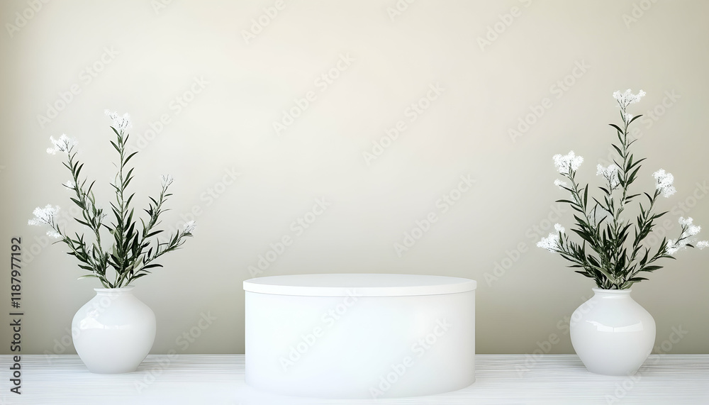 Minimalist display with white circular pedestal and elegant floral arrangements on either side Minimalist display with white circular pedestal and elegant floral arrangements on either side