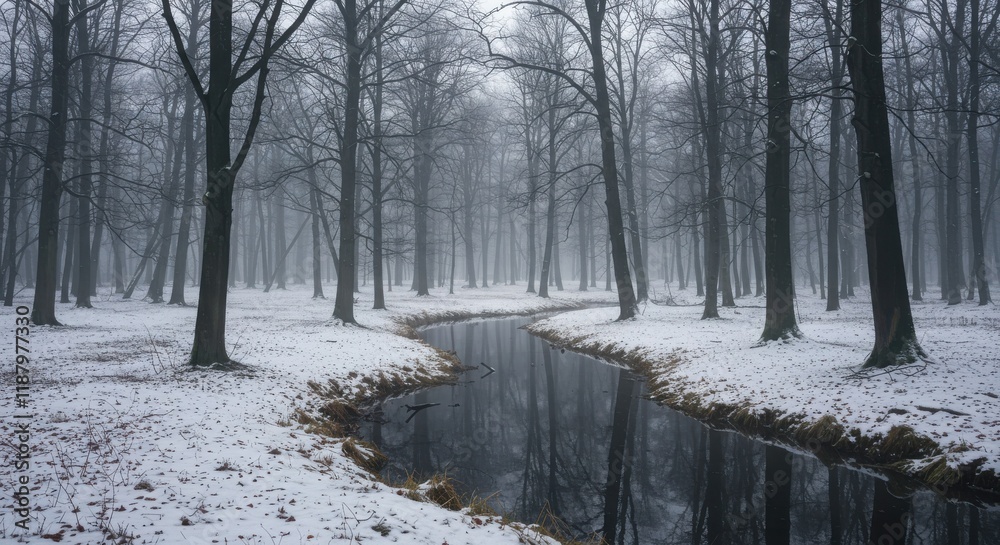 Winter forest landscape snowy ground bare trees winding creek Winter forest landscape snowy ground bare trees winding creek