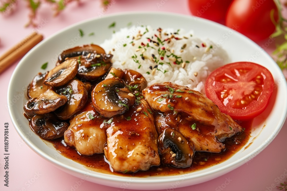 Naklejka premium Fusion food shot plate of chicken leg and mushrooms with rich sauce, white rice, tomato slices on the side with table setting